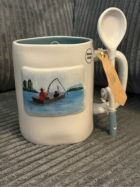 Rae Dunn White Ceramic Fishing Mug with Blue Interior and Spoon